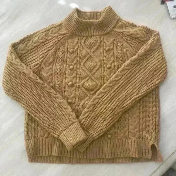 J. Crew Wool Blend Azra Pom Pom Cable Knit Mock Neck Sweater Size Medium preppy - Picture 3 of 11